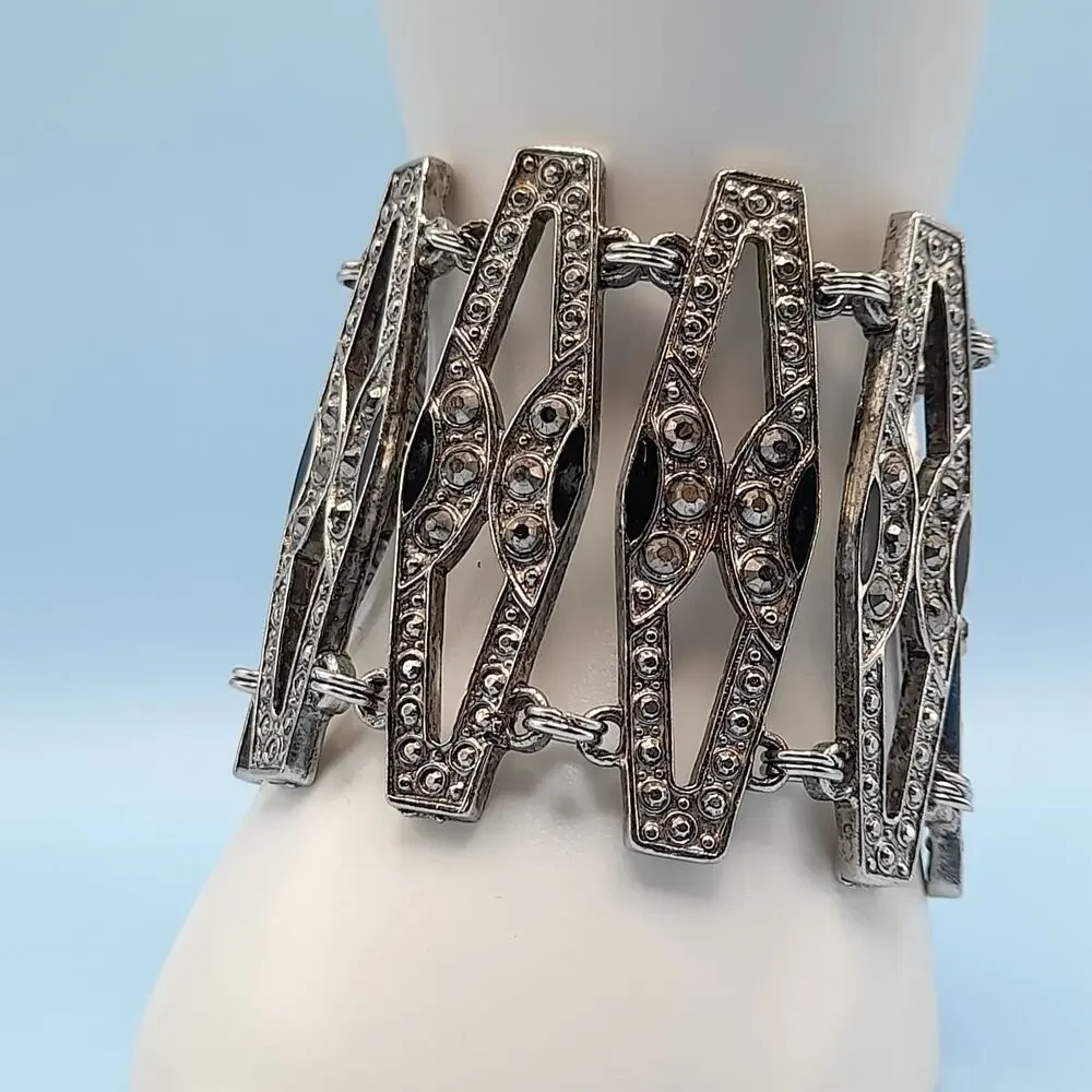 Vintage Art Deco Faux Marcasite Rhinestone Wide Bracelet, 7 1/4 Inches, 1980s
